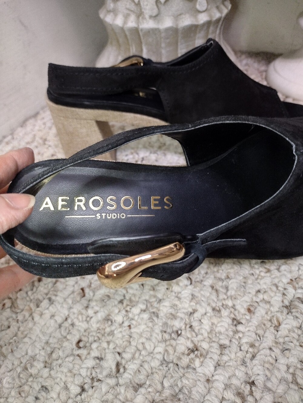 AEROSOLES Studio Zella Black Suede & Taupe Linen Platform Slingback Sandals - Picture 3 of 9